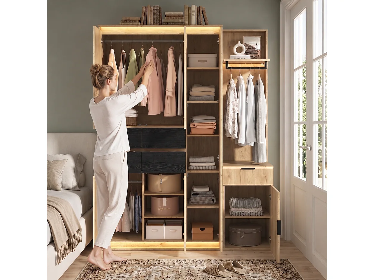 Armoire Penderie 155cm - Meuble de Rangement avec Miroir, 3 Tringles, 5 Tiroirs & Triple LED - Naturel et Anthracite