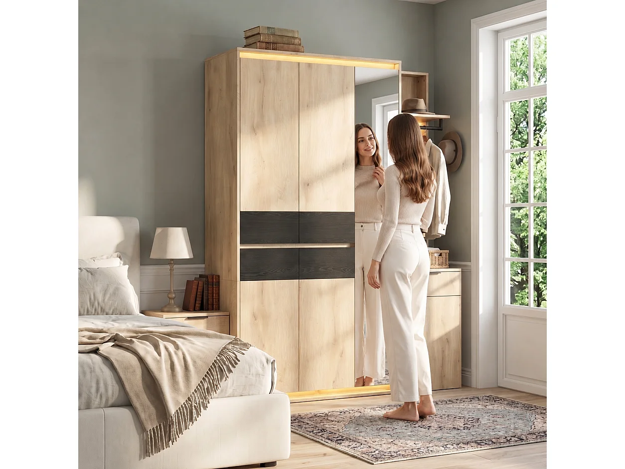 Armoire Penderie 155cm - Meuble de Rangement avec Miroir, 3 Tringles, 5 Tiroirs & Triple LED - Naturel et Anthracite