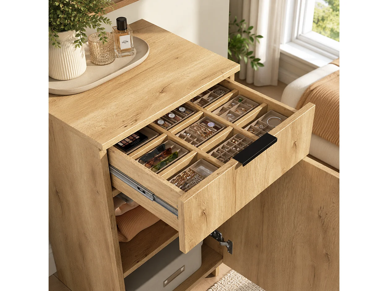 Armoire Penderie 155cm - Meuble de Rangement avec Miroir, 3 Tringles, 5 Tiroirs & Triple LED - Naturel et Anthracite