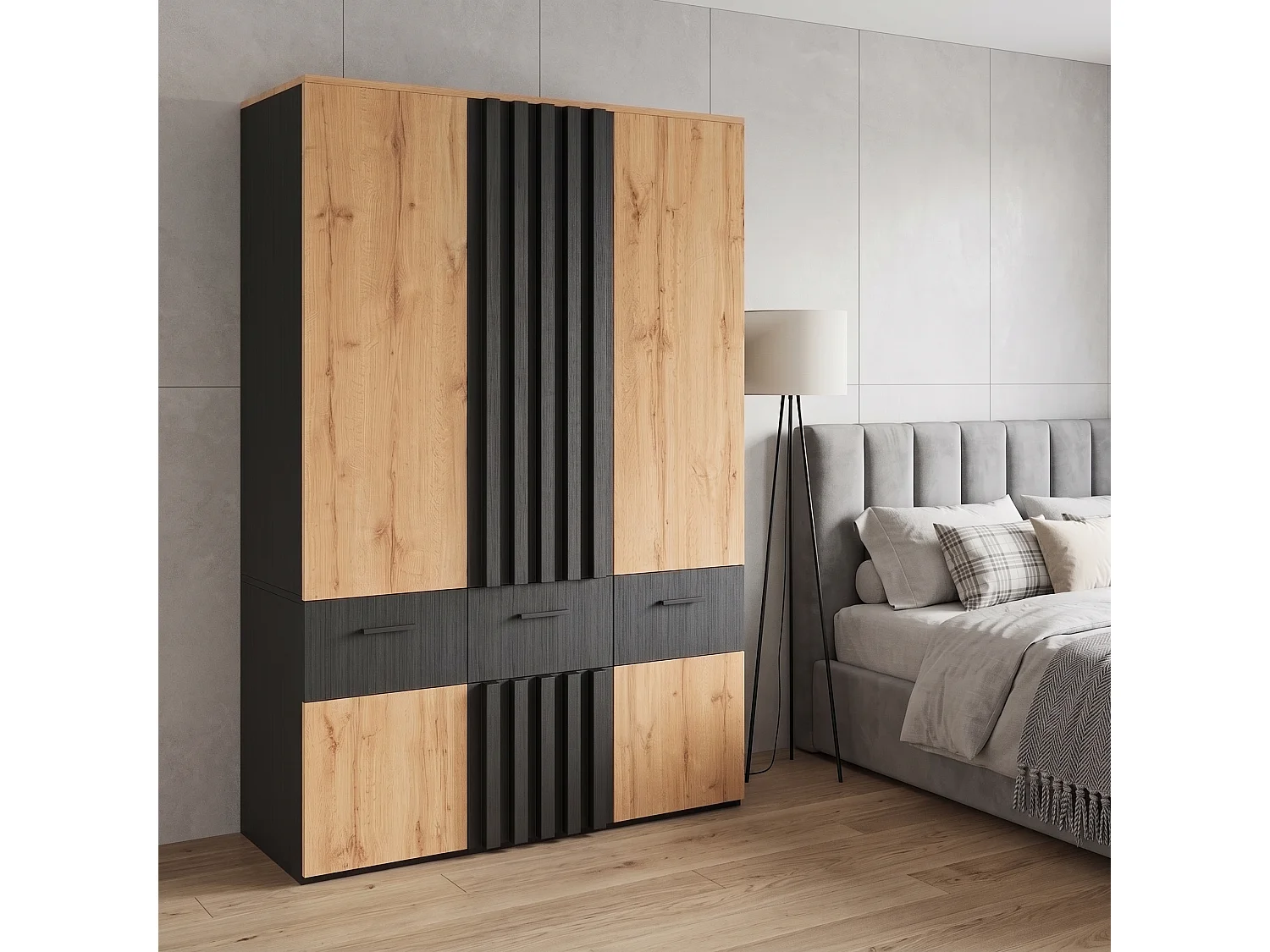 Stort garderobeskab med lamelfront 135x200 cm - XXL-opbevaringsskab med 2 bøjlestænger, 3 skuffer og 6 nicher - Sort og Natur