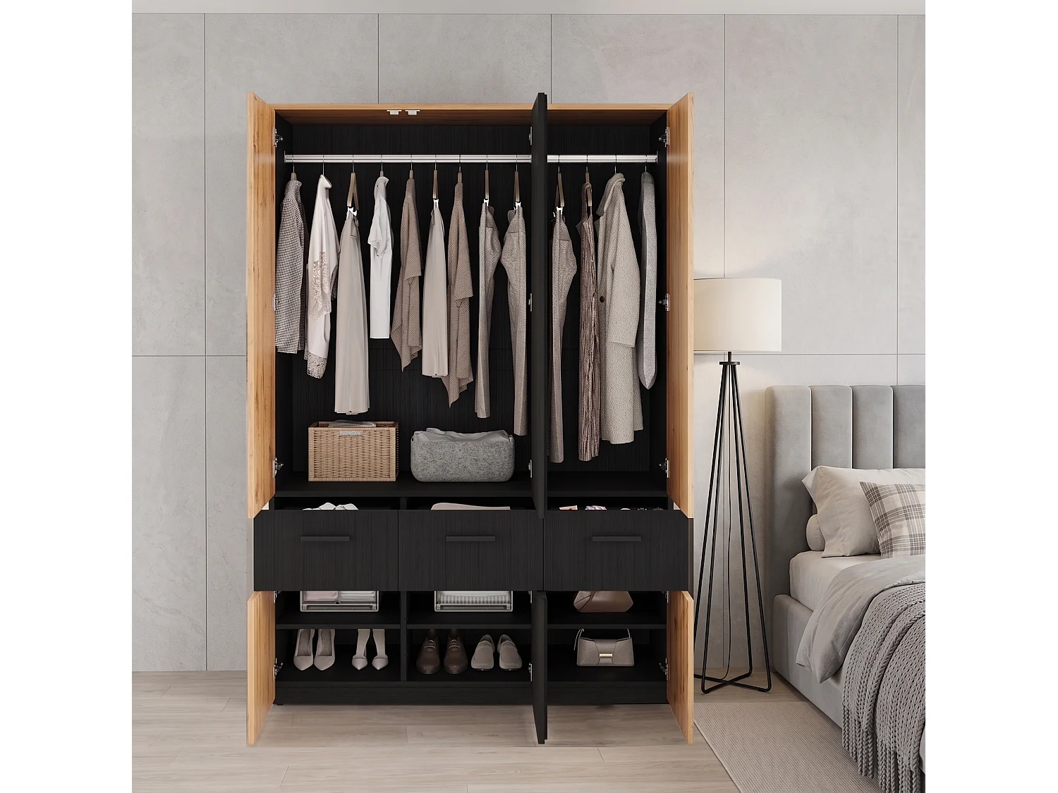 Stort garderobeskab med lamelfront 135x200 cm - XXL-opbevaringsskab med 2 bøjlestænger, 3 skuffer og 6 nicher - Sort og Natur