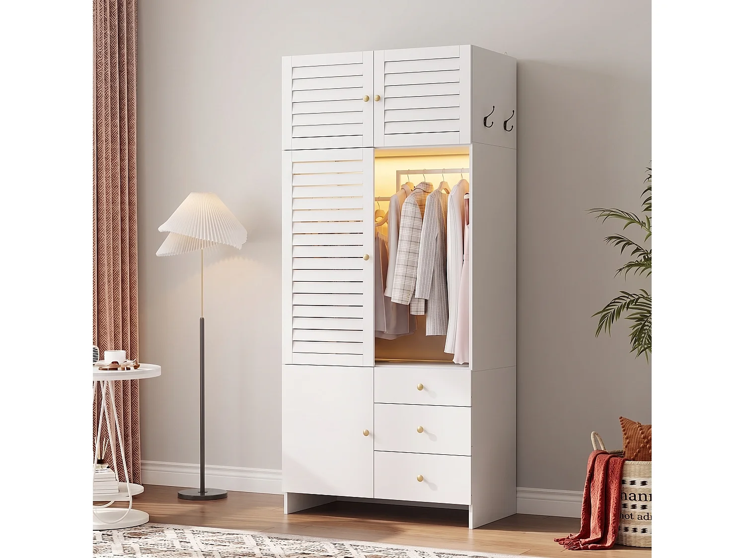 Armoire Penderie 90x200cm avec LED - Meuble de Rangement Moderne avec Portes à Lamelles, Poignées Dorées, Tringle & 3 Tiroirs - Blanc