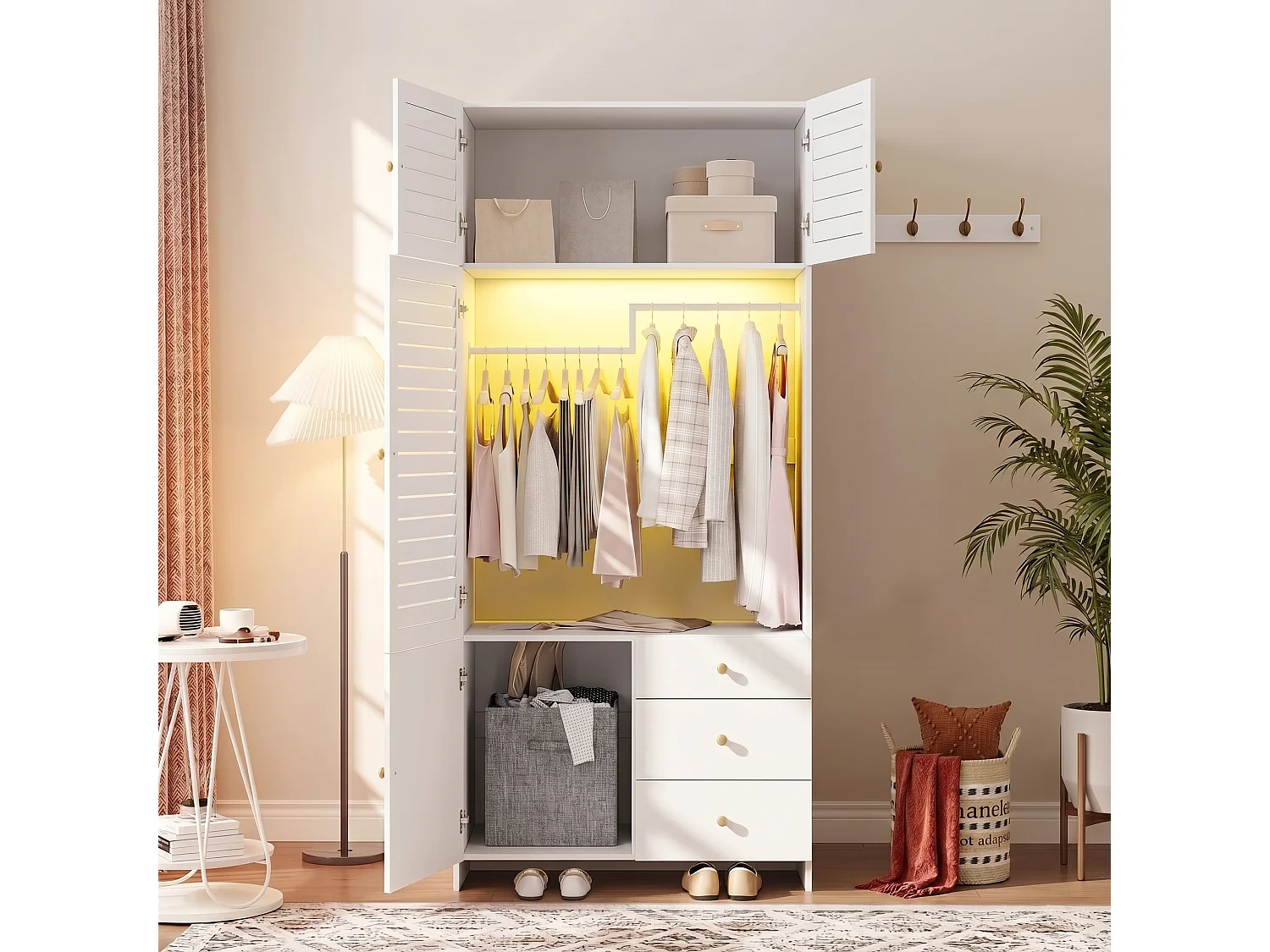 Armoire Penderie 90x200cm avec LED - Meuble de Rangement Moderne avec Portes à Lamelles, Poignées Dorées, Tringle & 3 Tiroirs - Blanc