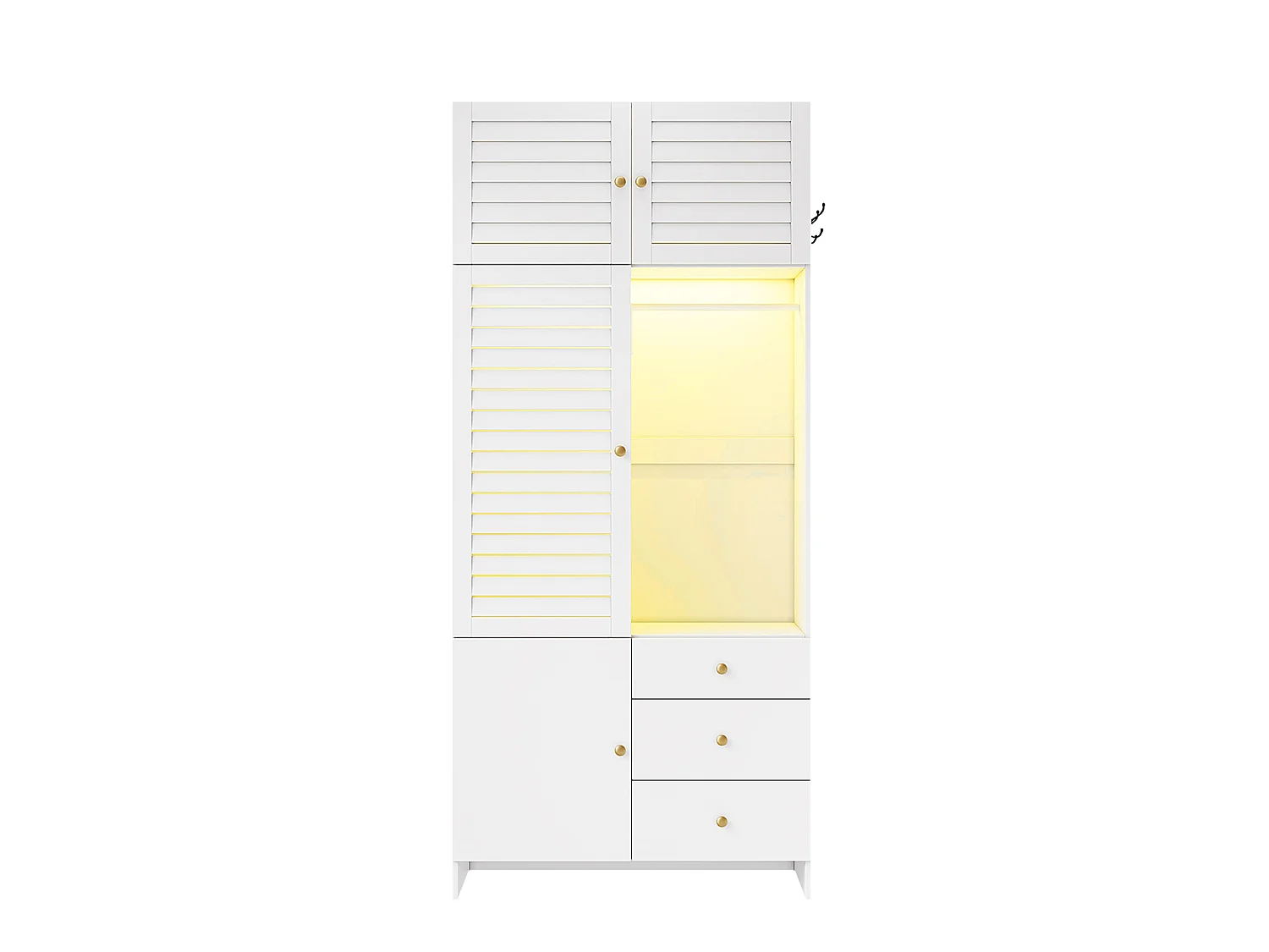Armoire Penderie 90x200cm avec LED - Meuble de Rangement Moderne avec Portes à Lamelles, Poignées Dorées, Tringle & 3 Tiroirs - Blanc