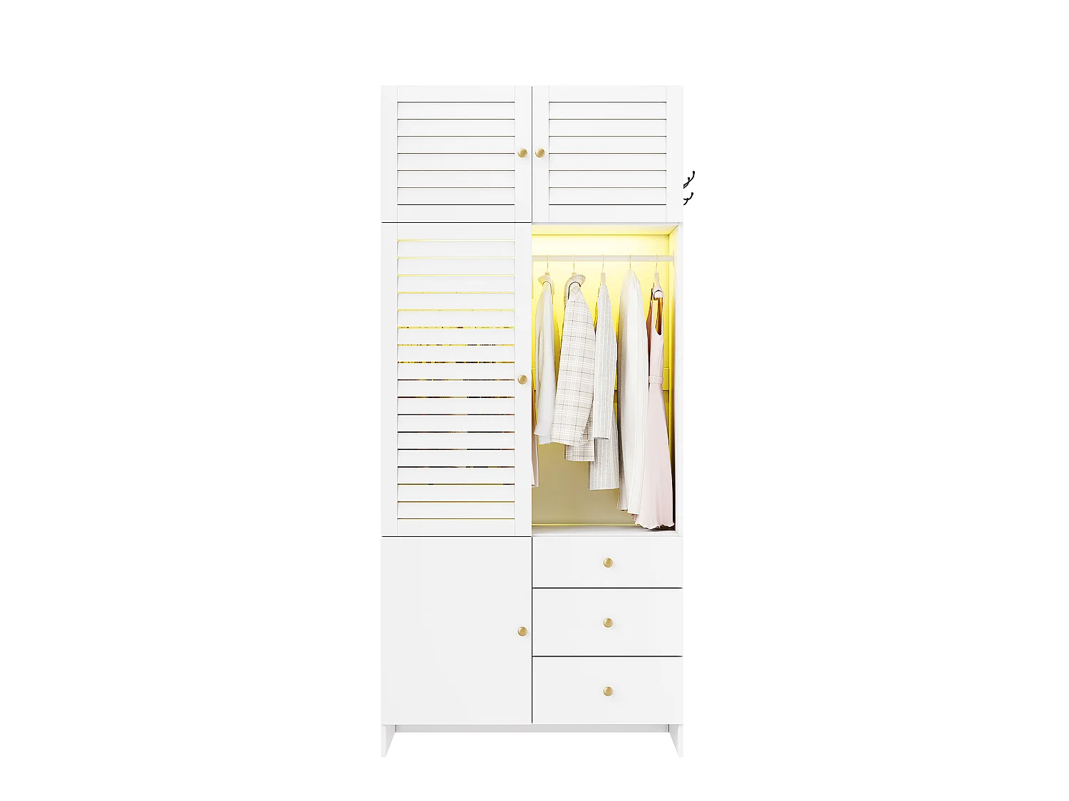 Armoire Penderie 90x200cm avec LED - Meuble de Rangement Moderne avec Portes à Lamelles, Poignées Dorées, Tringle & 3 Tiroirs - Blanc