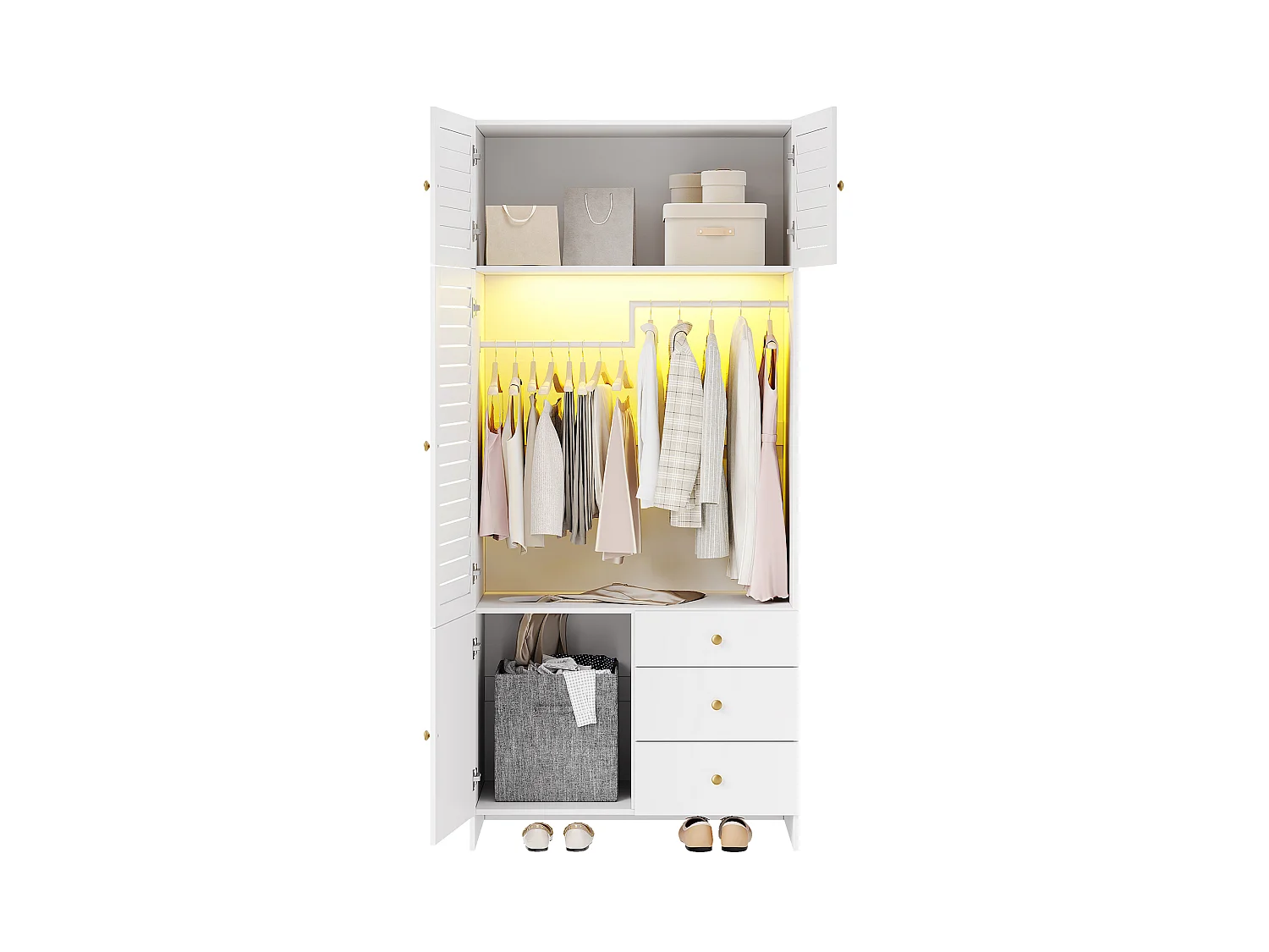 Armoire Penderie 90x200cm avec LED - Meuble de Rangement Moderne avec Portes à Lamelles, Poignées Dorées, Tringle & 3 Tiroirs - Blanc