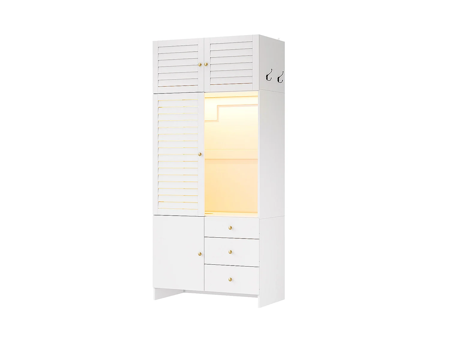 Armoire Penderie 90x200cm avec LED - Meuble de Rangement Moderne avec Portes à Lamelles, Poignées Dorées, Tringle & 3 Tiroirs - Blanc