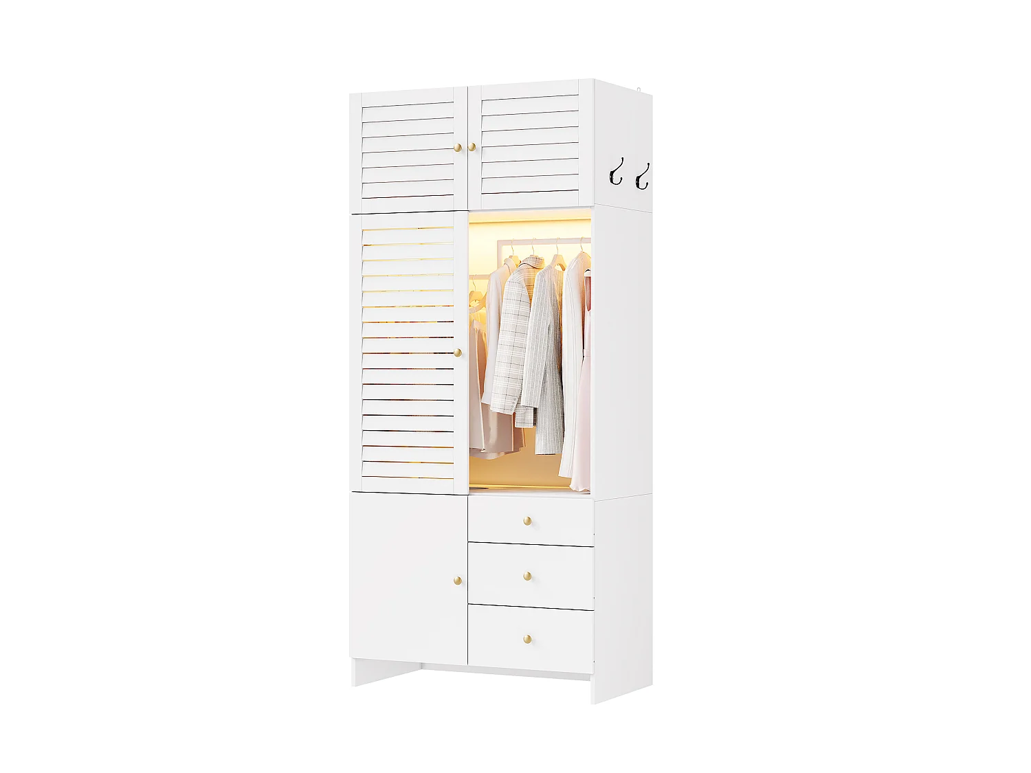 Armoire Penderie 90x200cm avec LED - Meuble de Rangement Moderne avec Portes à Lamelles, Poignées Dorées, Tringle & 3 Tiroirs - Blanc