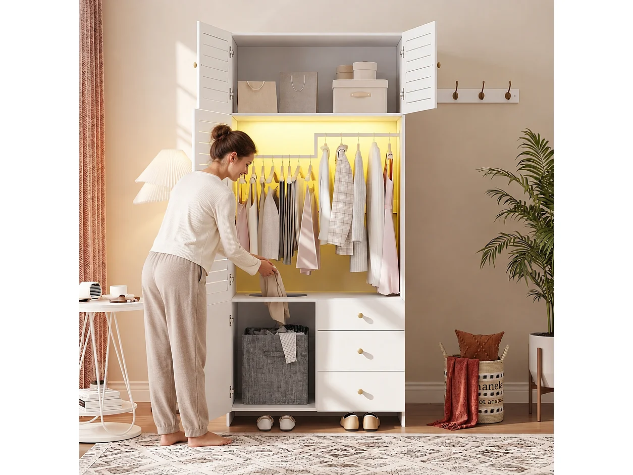 Armoire Penderie 90x200cm avec LED - Meuble de Rangement Moderne avec Portes à Lamelles, Poignées Dorées, Tringle & 3 Tiroirs - Blanc