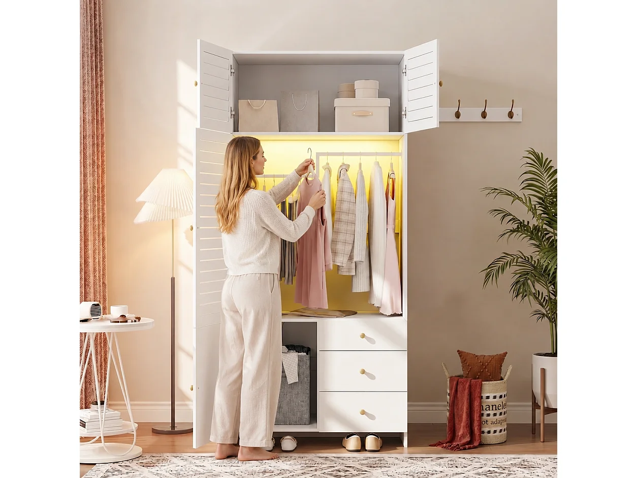 Armoire Penderie 90x200cm avec LED - Meuble de Rangement Moderne avec Portes à Lamelles, Poignées Dorées, Tringle & 3 Tiroirs - Blanc