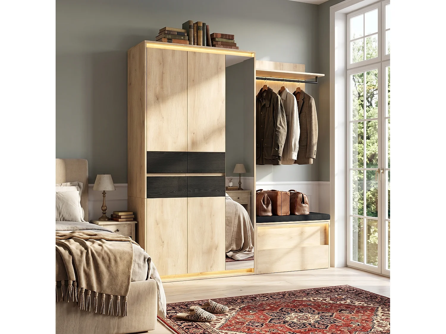 Armoire Penderie 200cm - Meuble de Rangement avec Miroir, Banc Rembourré, 3 Tringles, 4 Tiroirs & Triple LED - Naturel