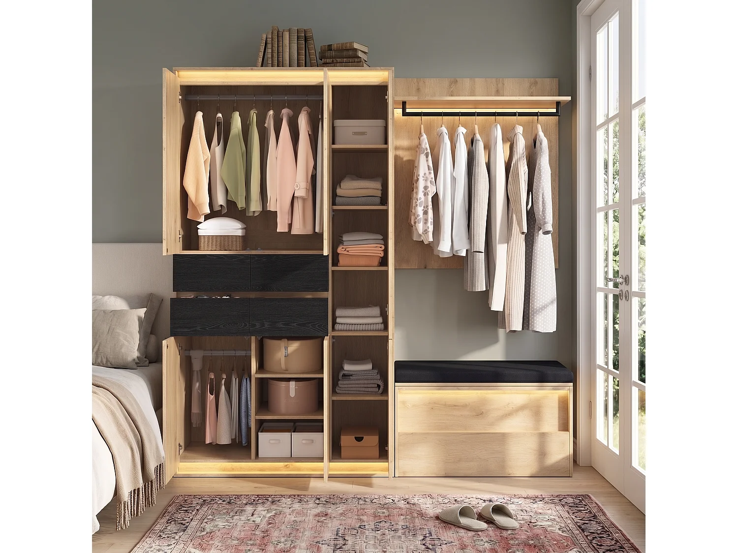Armoire Penderie 200cm - Meuble de Rangement avec Miroir, Banc Rembourré, 3 Tringles, 4 Tiroirs & Triple LED - Naturel