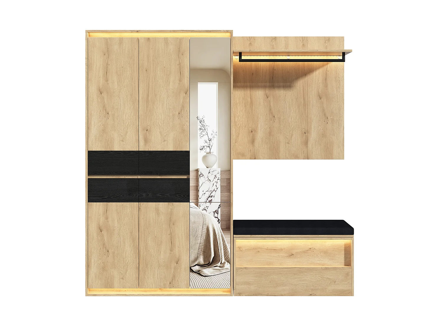 Armoire Penderie 200cm - Meuble de Rangement avec Miroir, Banc Rembourré, 3 Tringles, 4 Tiroirs & Triple LED - Naturel