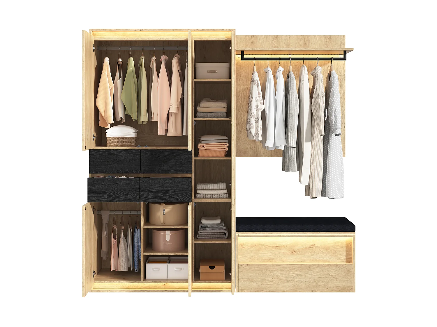 Armoire Penderie 200cm - Meuble de Rangement avec Miroir, Banc Rembourré, 3 Tringles, 4 Tiroirs & Triple LED - Naturel