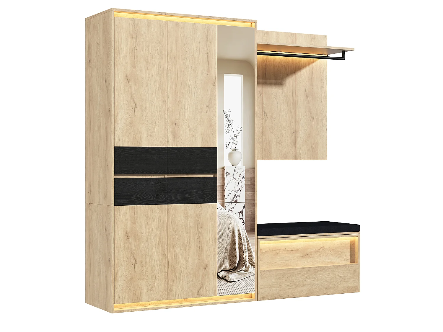 Armoire Penderie 200cm - Meuble de Rangement avec Miroir, Banc Rembourré, 3 Tringles, 4 Tiroirs & Triple LED - Naturel