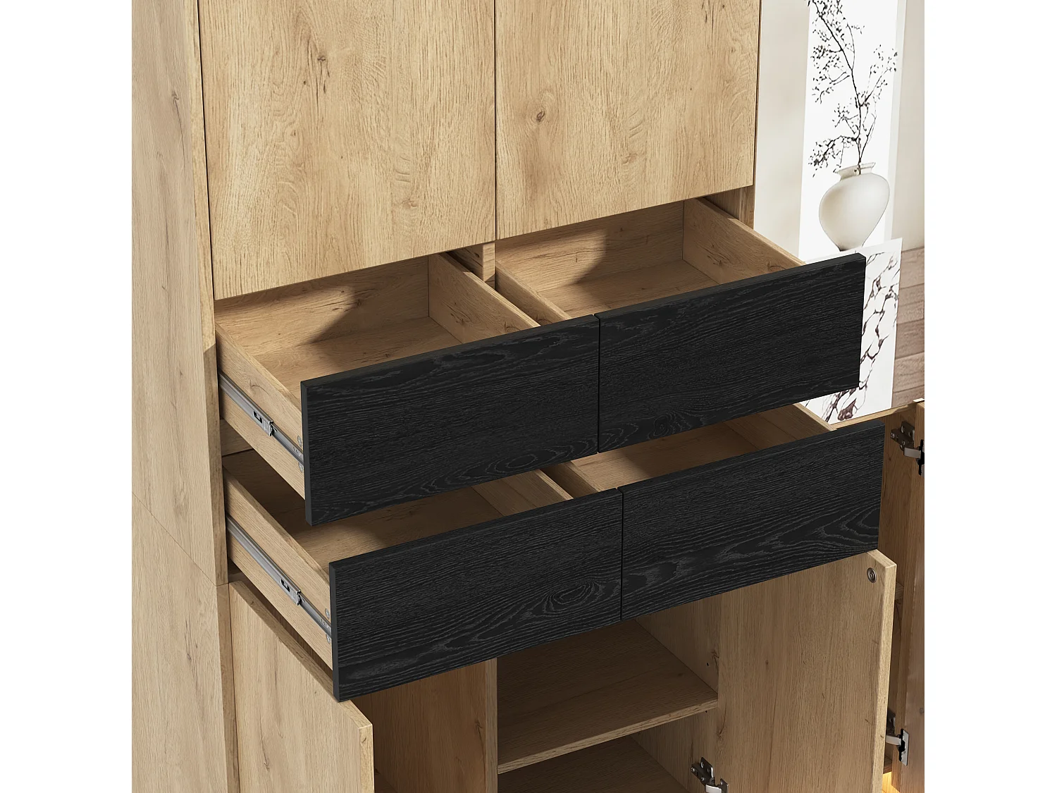 Armoire Penderie 200cm - Meuble de Rangement avec Miroir, Banc Rembourré, 3 Tringles, 4 Tiroirs & Triple LED - Naturel