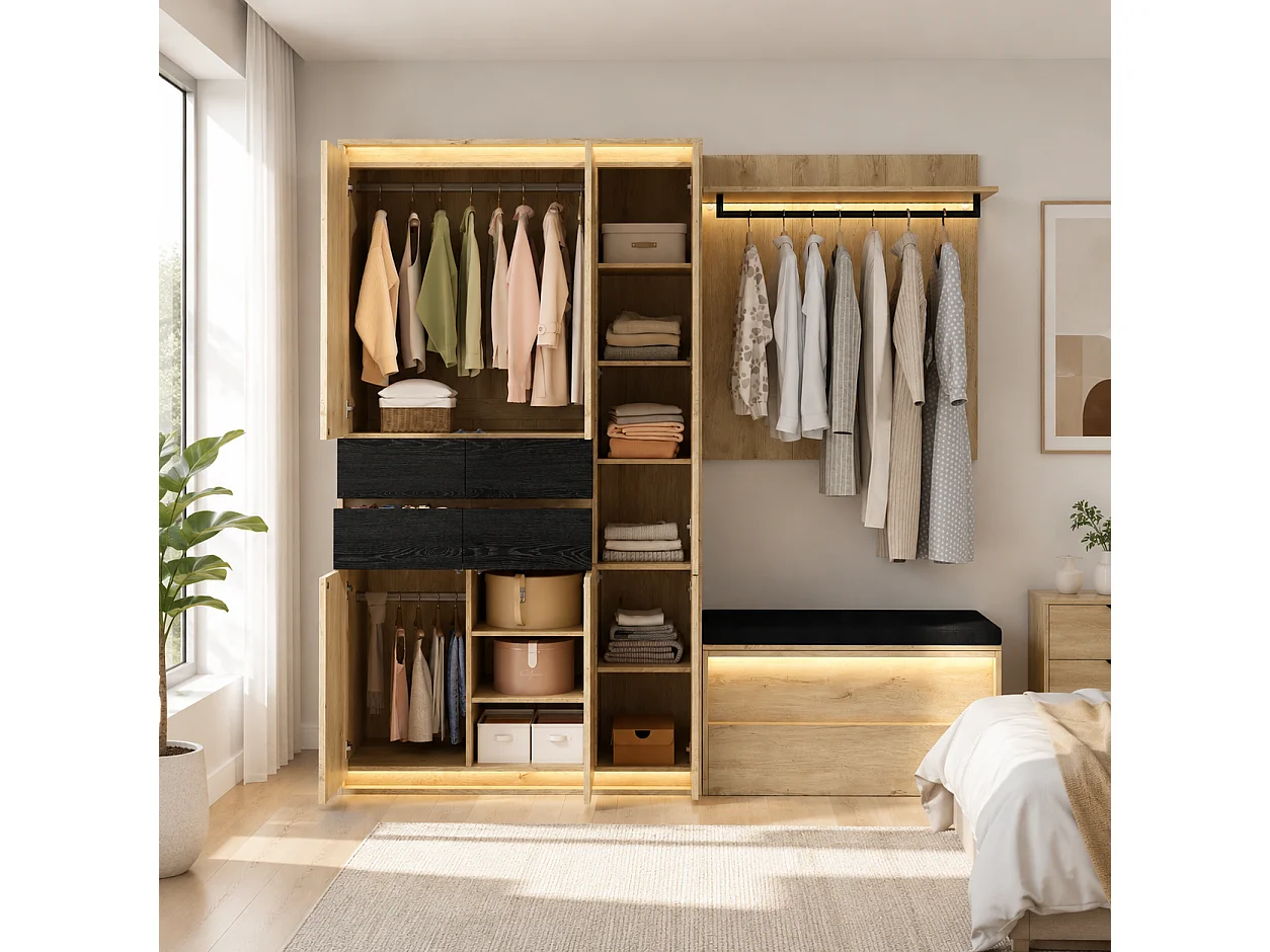 Armoire Penderie 200cm - Meuble de Rangement avec Miroir, Banc Rembourré, 3 Tringles, 4 Tiroirs & Triple LED - Naturel