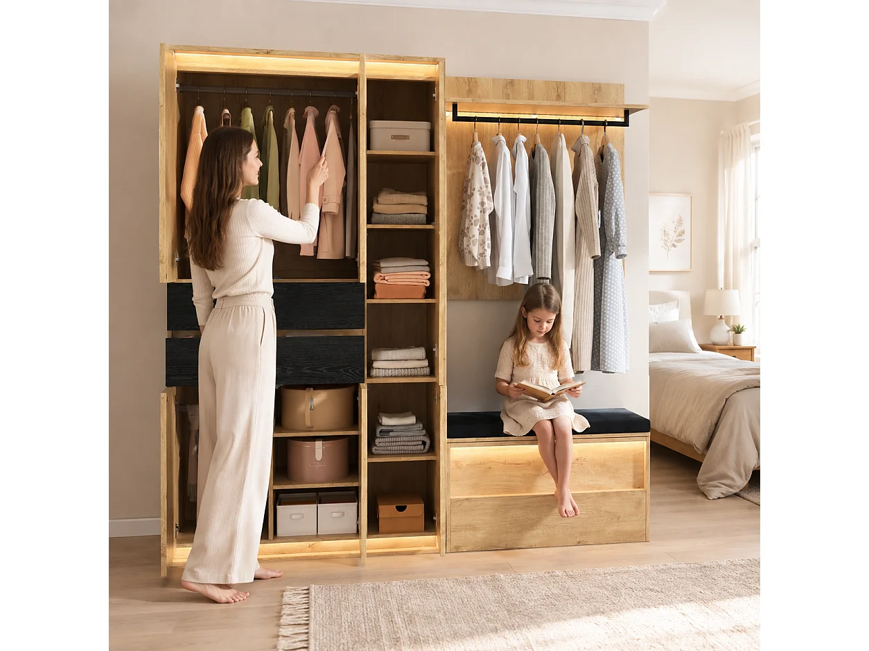 Armoire Penderie 200cm - Meuble de Rangement avec Miroir, Banc Rembourré, 3 Tringles, 4 Tiroirs & Triple LED - Naturel