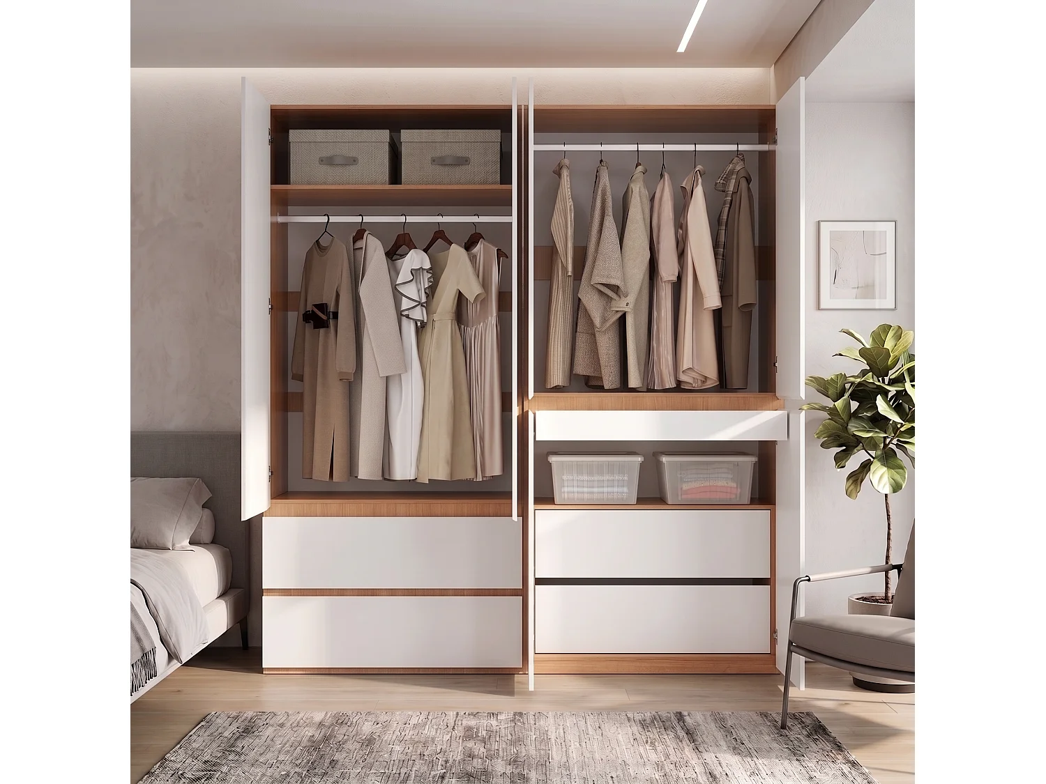 Duża Szafa Garderobiana 180x200 cm - Mebel do Przechowywania XXL z 6 Drzwiami, 2 Drążkami na Ubrania i 5 Szufladami - Biała