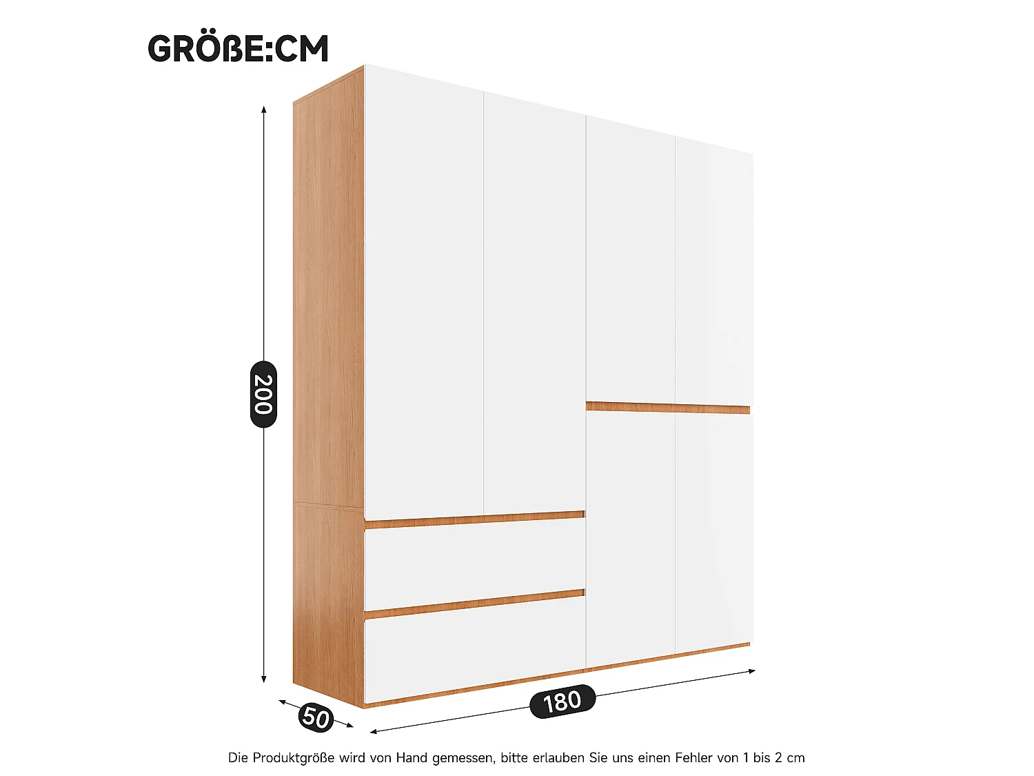 Duża Szafa Garderobiana 180x200 cm - Mebel do Przechowywania XXL z 6 Drzwiami, 2 Drążkami na Ubrania i 5 Szufladami - Biała