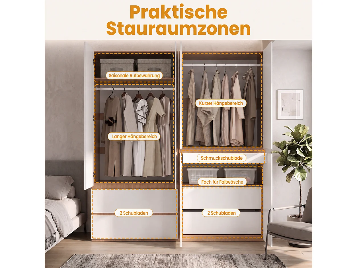 Duża Szafa Garderobiana 180x200 cm - Mebel do Przechowywania XXL z 6 Drzwiami, 2 Drążkami na Ubrania i 5 Szufladami - Biała