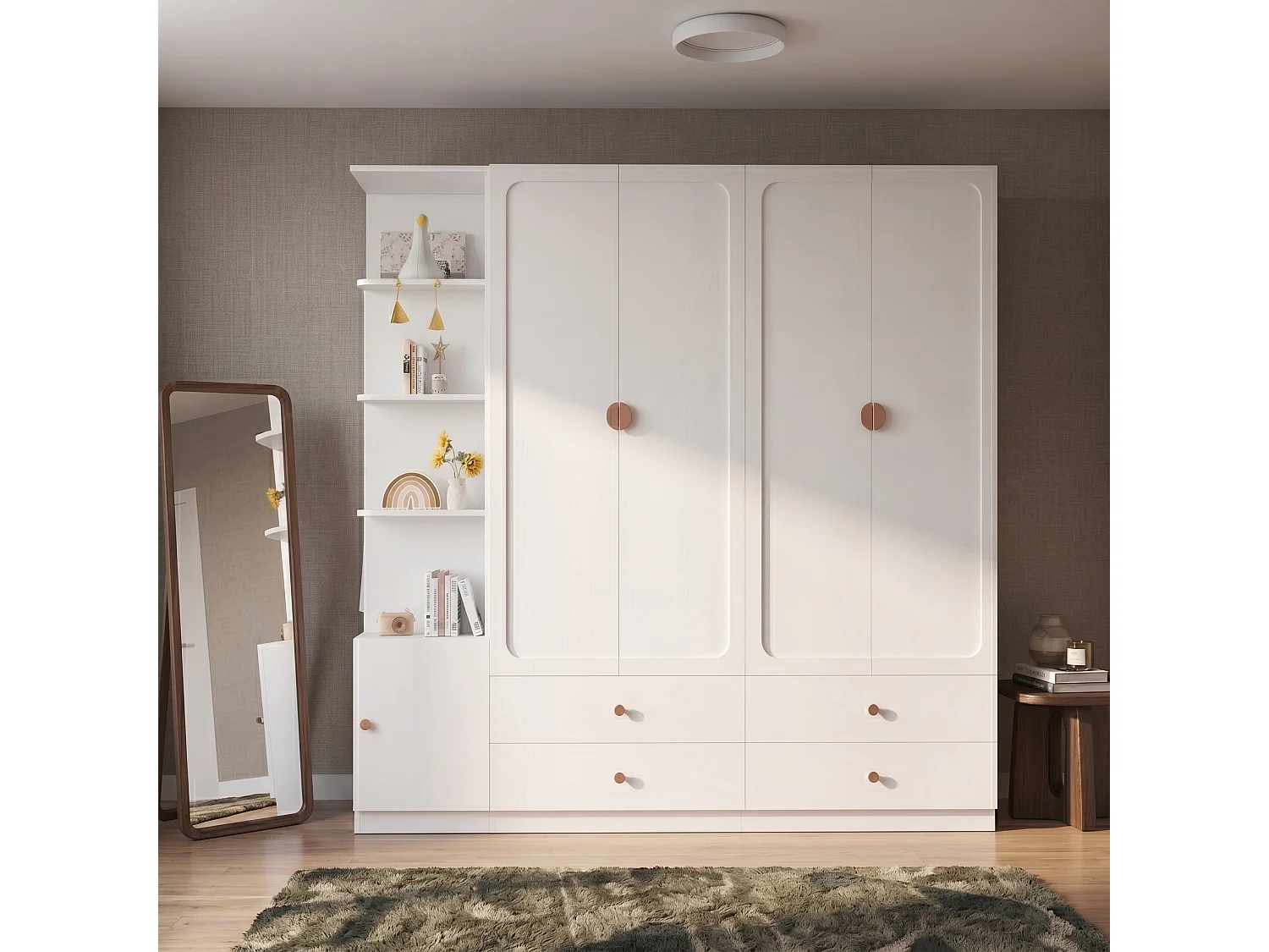 Duża Szafa Garderobiana 225x200 cm z Uchwytami z Litego Drewna - Mebel do Przechowywania XXL z 3 Drążkami na Ubrania i 4 Szufladami - Biała