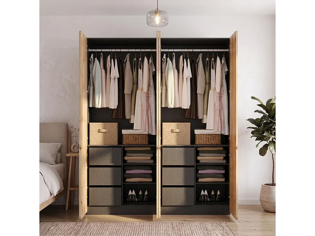 Large 180x200 cm Artisan Oak Wardrobe - with 8 Doors, 2 Hanging Rails & 6 Drawers, Contemporary Style - Natural