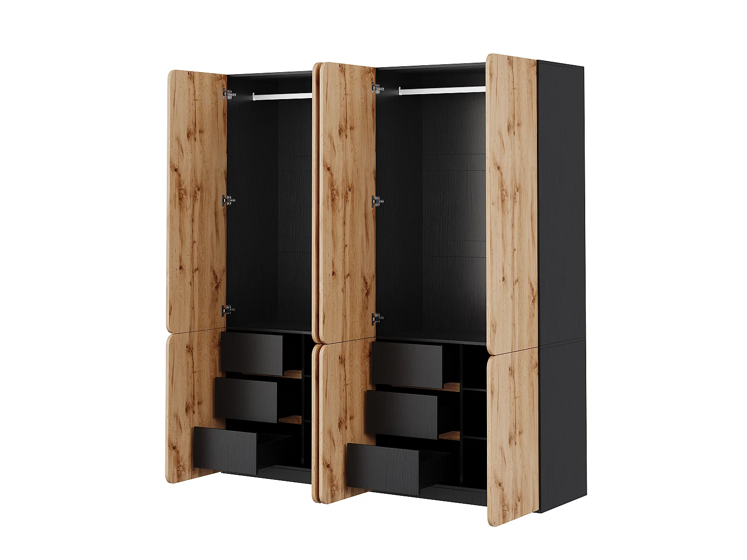 Large 180x200 cm Artisan Oak Wardrobe - with 8 Doors, 2 Hanging Rails & 6 Drawers, Contemporary Style - Natural