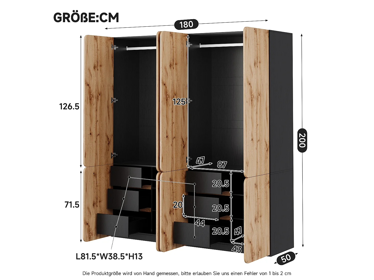 Large 180x200 cm Artisan Oak Wardrobe - with 8 Doors, 2 Hanging Rails & 6 Drawers, Contemporary Style - Natural