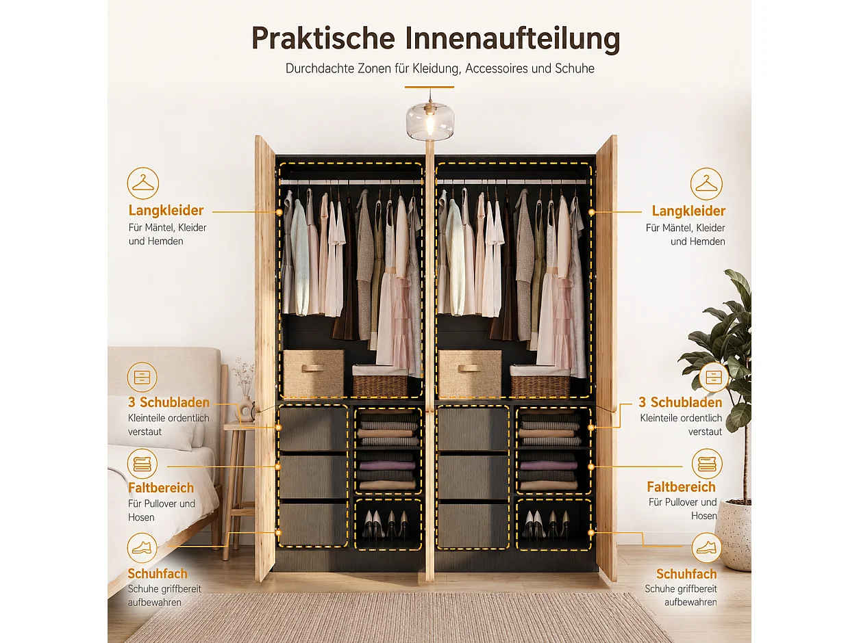 Large 180x200 cm Artisan Oak Wardrobe - with 8 Doors, 2 Hanging Rails & 6 Drawers, Contemporary Style - Natural