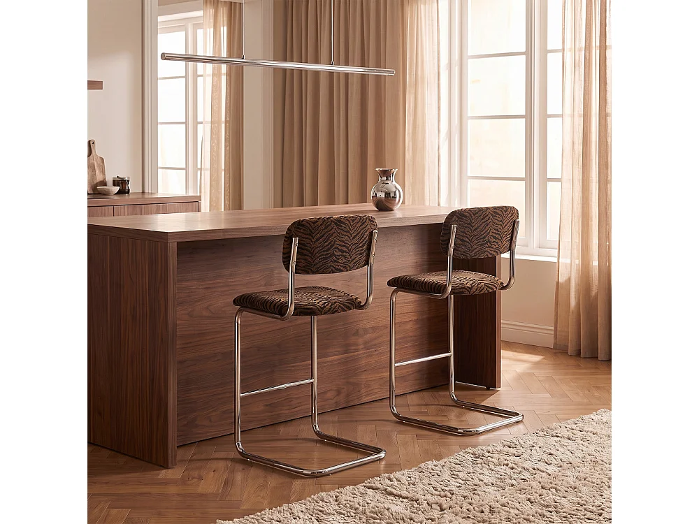 Marcel - Lot de 2 tabourets de bar imprimé tigre pieds chrome H65cm  - Marron