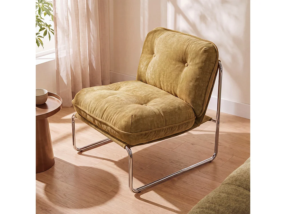 Basil - Fauteuil en tissu pieds chrome - Jaune moutarde
