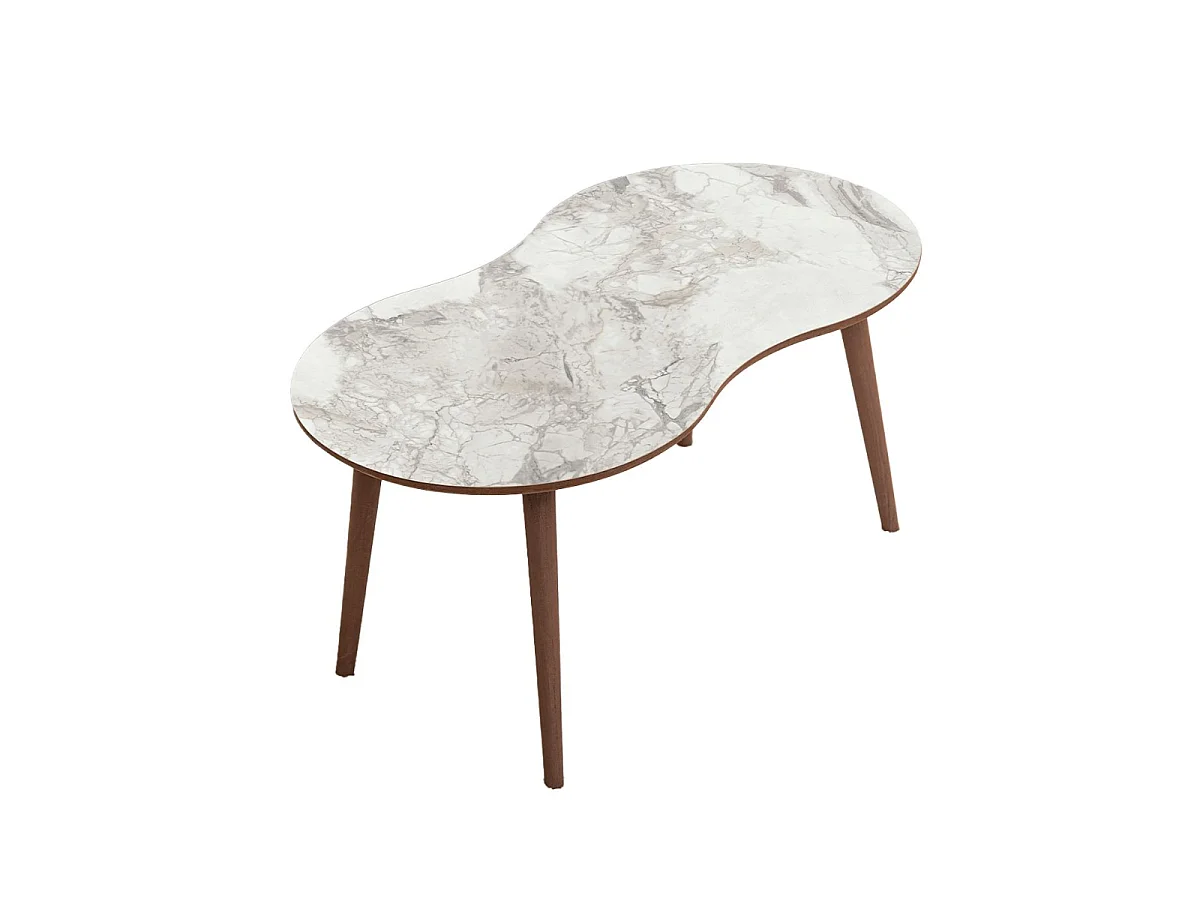 Mesa de centro orgânica com efeito de mármore branco, pernas de madeira maciça - 99 cm