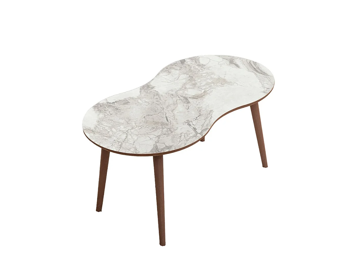 Mesa de centro orgânica com efeito de mármore branco, pernas de madeira maciça - 99 cm