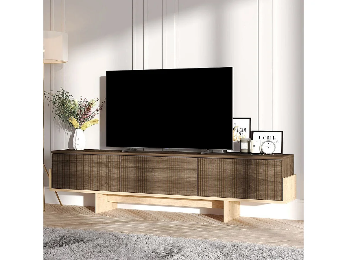 Meuble TV 3 portes abattantes striées L180 cm - HELYO