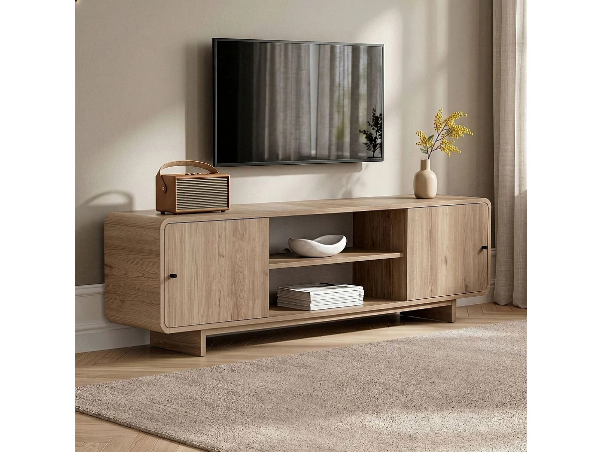Meuble TV 2 portes, 2 niches avec bords arrondis L180 cm - CELENA
