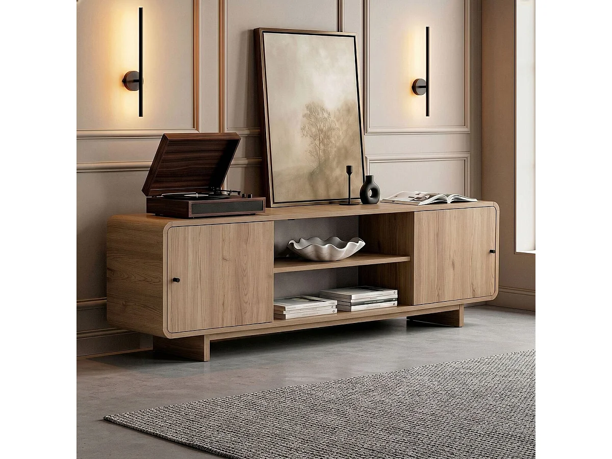 Meuble TV 2 portes, 2 niches avec bords arrondis L180 cm - CELENA