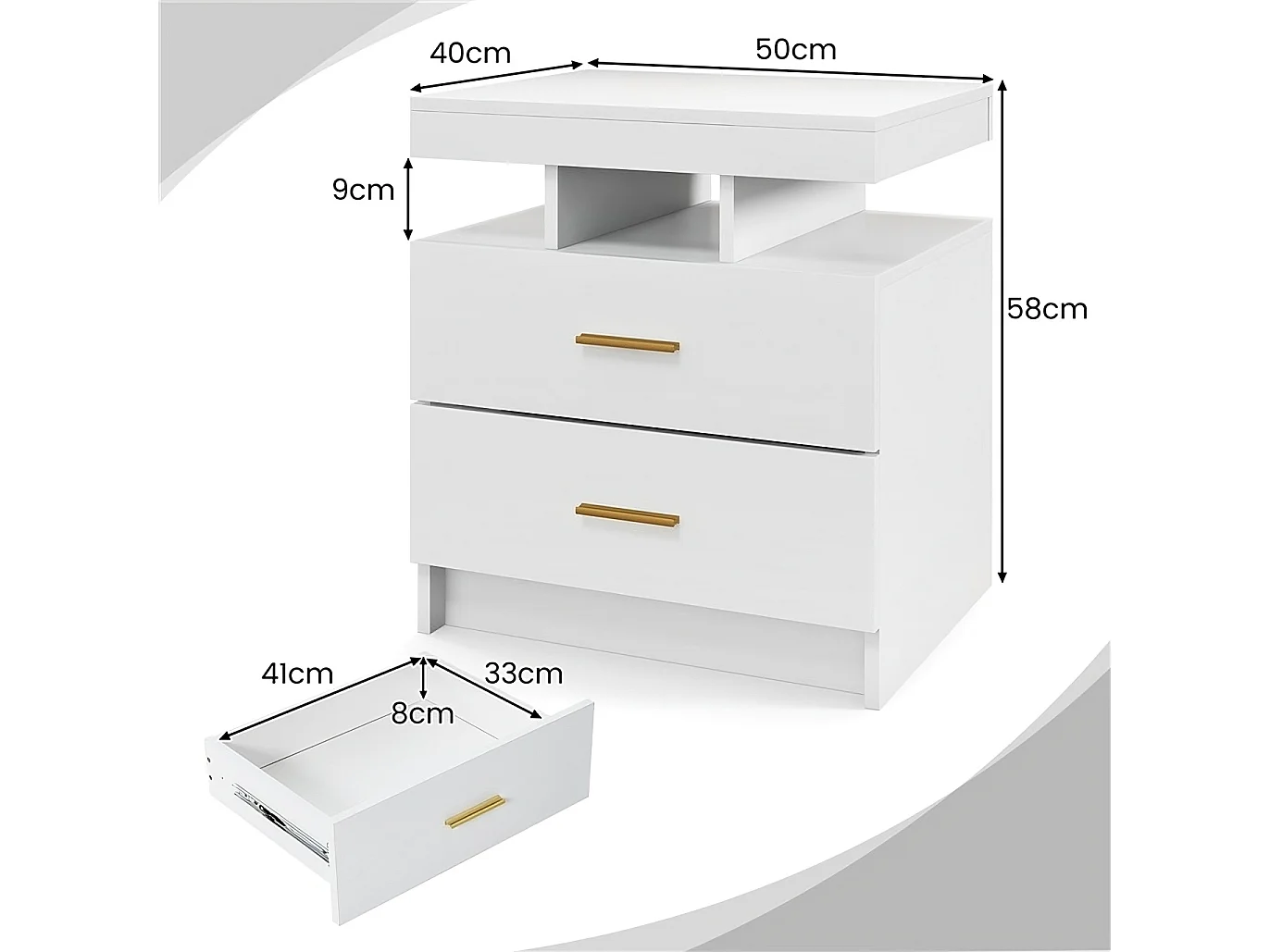 Nachttisch mit LED-Beleuchtung Nachtschrank Beistelltisch mit 2 Schubladen 50 x 40 x 58 cm Weiß