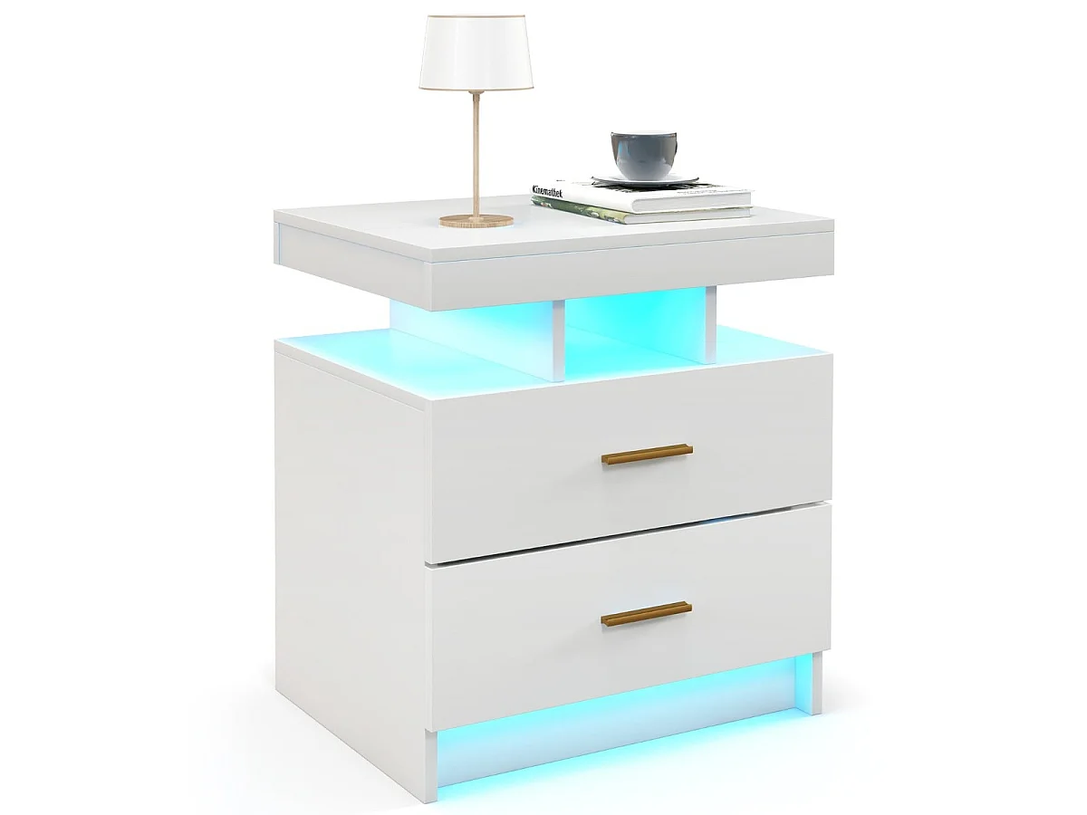 Nachttisch mit LED-Beleuchtung Nachtschrank Beistelltisch mit 2 Schubladen 50 x 40 x 58 cm Weiß