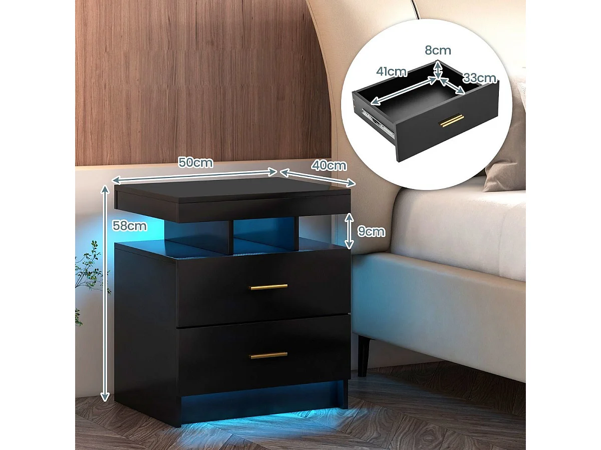 Nachttisch mit LED-Beleuchtung Nachtschrank Beistelltisch mit 2 Schubladen 50 x 40 x 58 cm Schwarz