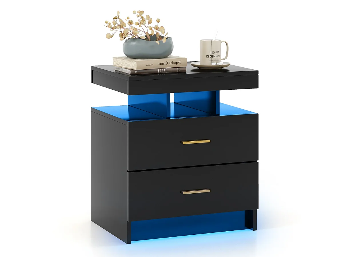 Nachttisch mit LED-Beleuchtung Nachtschrank Beistelltisch mit 2 Schubladen 50 x 40 x 58 cm Schwarz