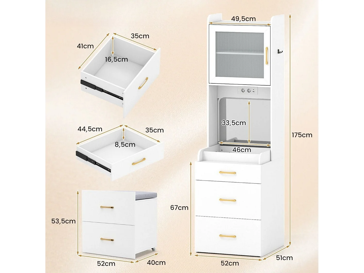 Schmaler Schminktisch mit Hocker, Stauraum und Ladestation
