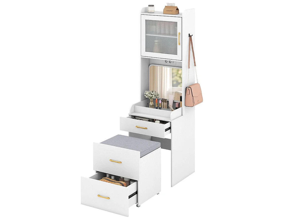 Schmaler Schminktisch mit Hocker, Stauraum und Ladestation