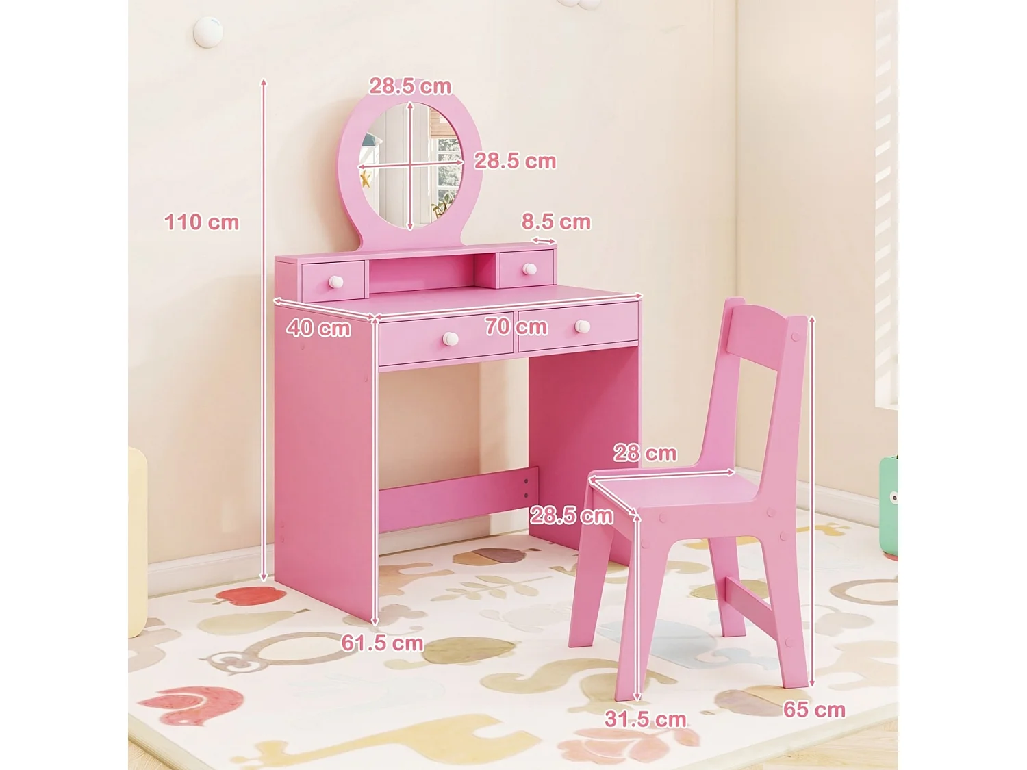 Kinder-Frisiertisch mit Spiegel und Stuhl Rosa Frisiertisch für Kinder