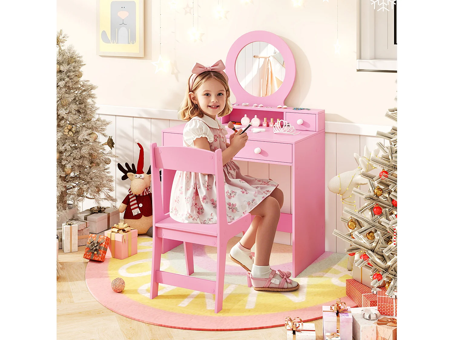 Kinder-Frisiertisch mit Spiegel und Stuhl Rosa Frisiertisch für Kinder