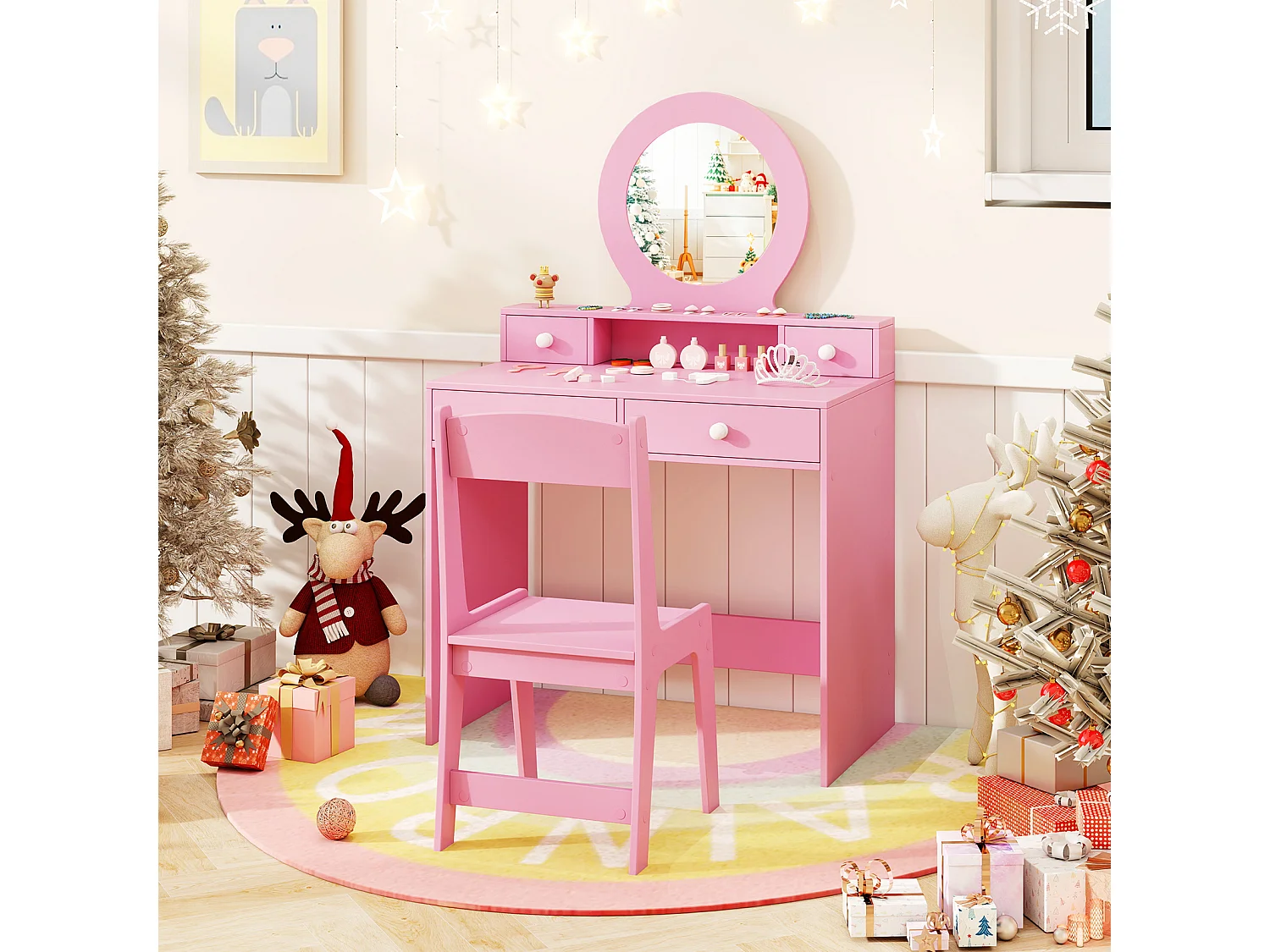 Kinder-Frisiertisch mit Spiegel und Stuhl Rosa Frisiertisch für Kinder
