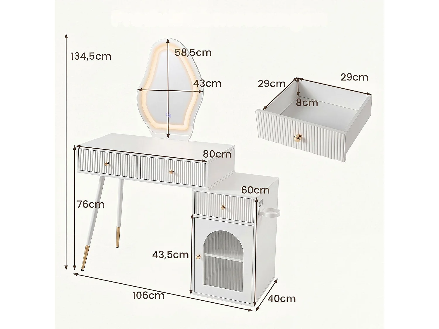 Schminktisch mit Spiegel Beleuchtung 3 Schubladen & Schrank Kosmetiktisch 106 x 40 x 134,5 cm Weiß