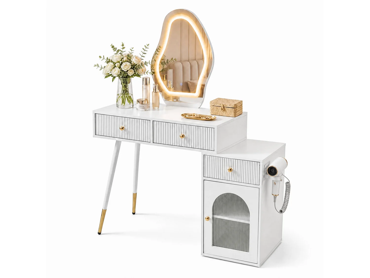 Schminktisch mit Spiegel Beleuchtung 3 Schubladen & Schrank Kosmetiktisch 106 x 40 x 134,5 cm Weiß