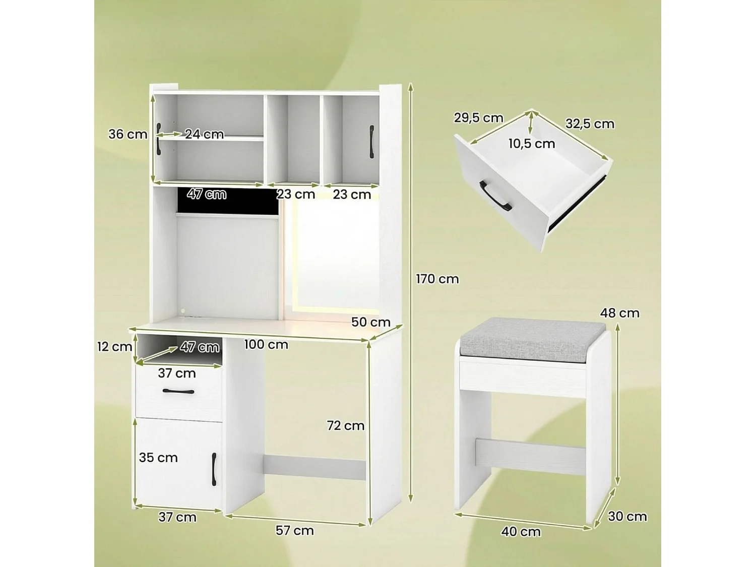 Schminktisch mit LED-Beleuchtung, Hocker und Ladestation