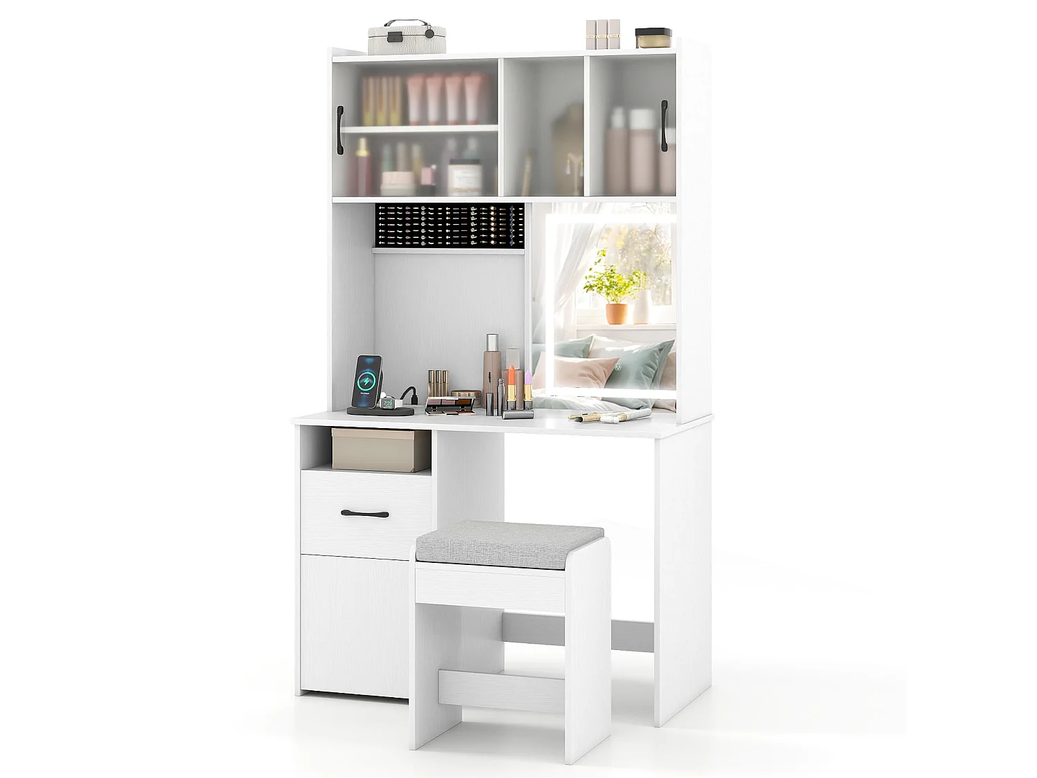 Schminktisch mit LED-Beleuchtung, Hocker und Ladestation